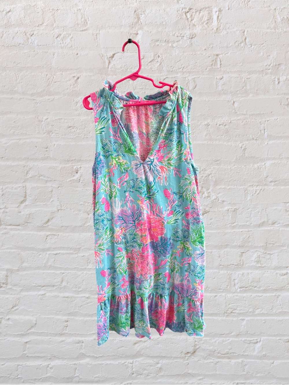 Lilly Pulitzer Aqua Floral V-Neck Sleeveless Mini Dress with Pink Accents